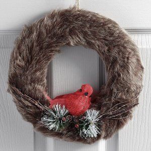 🎄 NWT World Market Gray Faux Fur Wreath with Cardinal Christmas Winter Decor